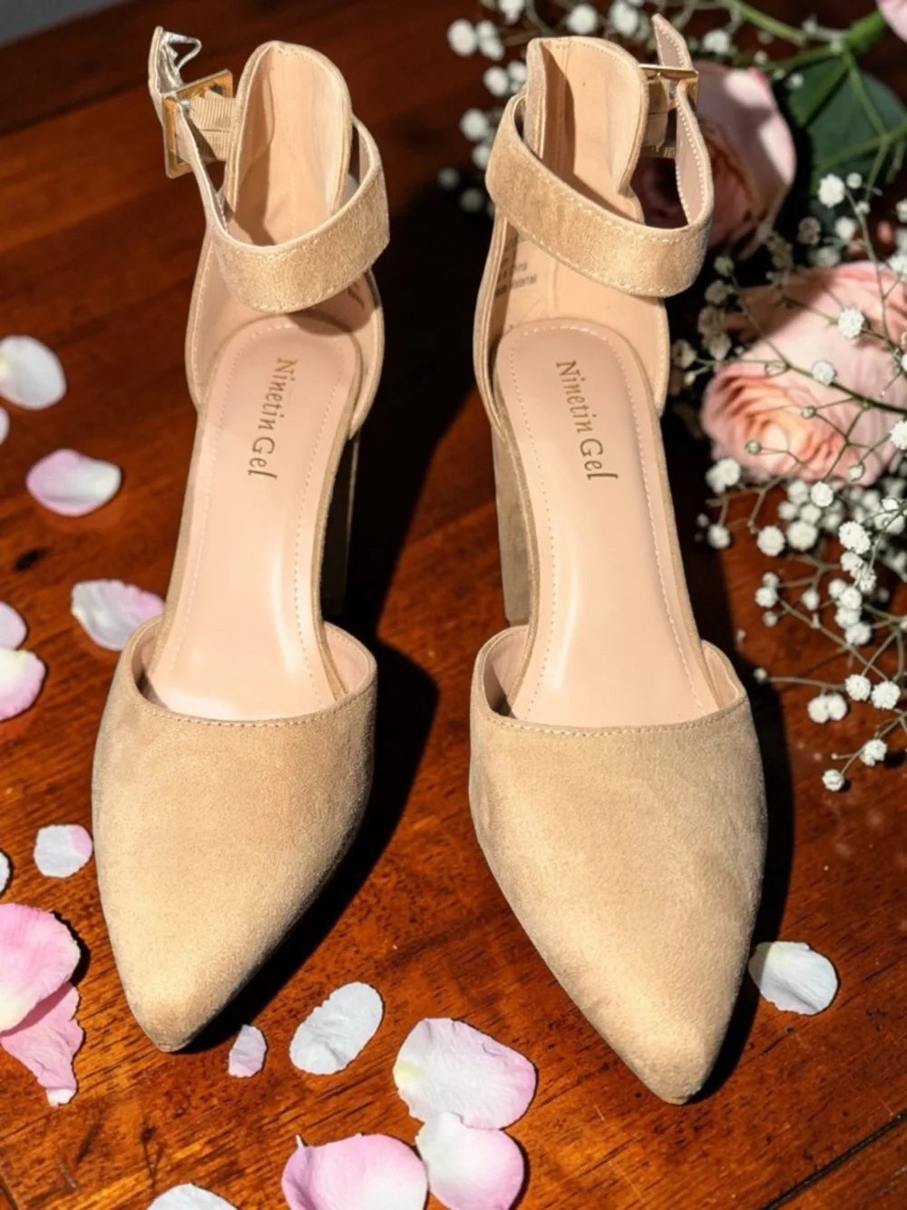 NINETIN GEL Beige Pointed Toe Ankle Strap Heels Size 8 - Picture 5 of 6